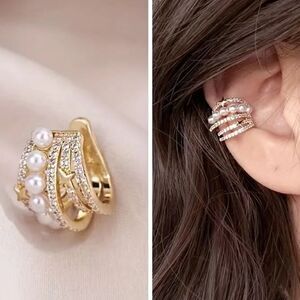 Star Faux Pearl Ear Cuff Earring Gold Tone with mini zircons
